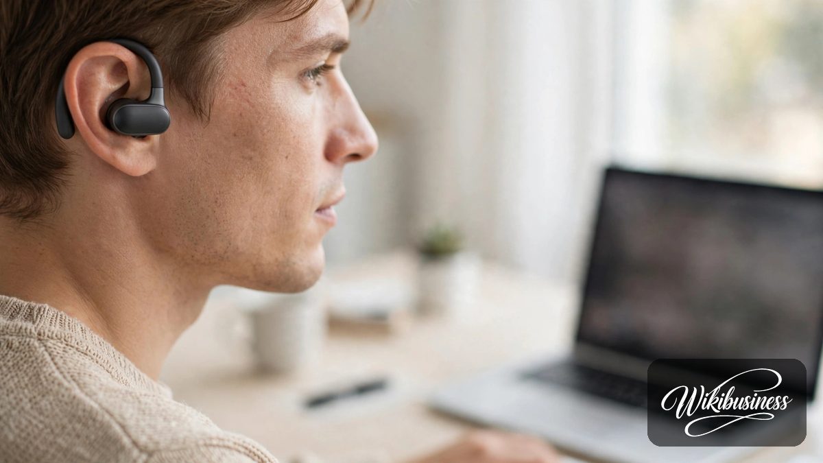 Office worker wearing open-ear earbuds at a desk