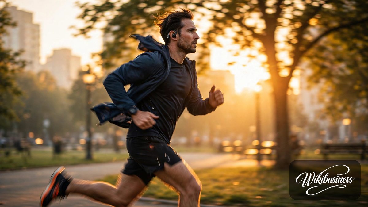 Runner wearing open-ear earbuds on a morning run